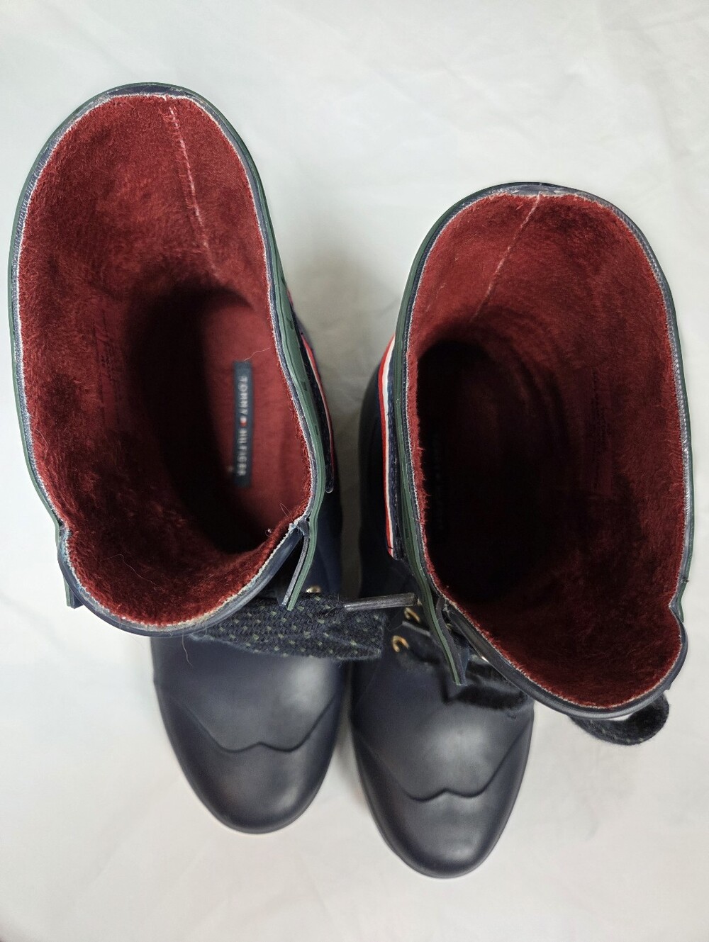 Tommy Hilfiger Navy Blue Rain Boots w/Red Faux Fur Lining Slip On Size 8 - Picture 8 of 11